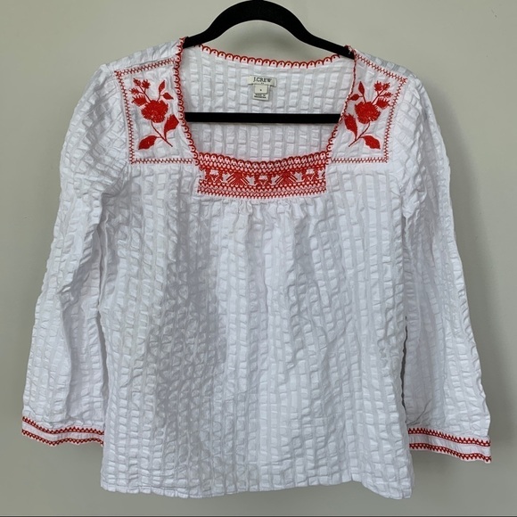 J. Crew Tops - J. Crew 100% Cotton White Top with Red Embroidery Size S